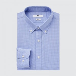 Camisas Uniqlo Easy Care Checked Stretch Slim-fit Long-sleeve Hombre Azules | 8457235