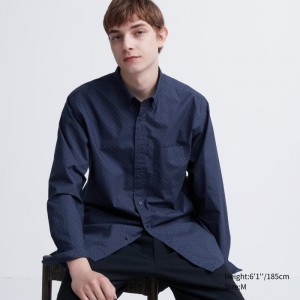 Camisas Uniqlo Extra Fine Cotton Broadcloth Dotted Long-sleeve Hombre Azul Marino | 7578080