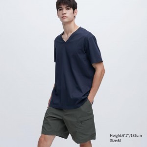 Camiseta Uniqlo Dry Color V-Neck Short-Sleeve Hombre Azul Marino | 5694531