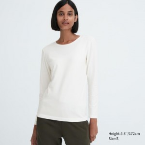 Camiseta Uniqlo HEATTECH Cotton Crew Neck Long-Sleeve Mujer Blancas | 5919341