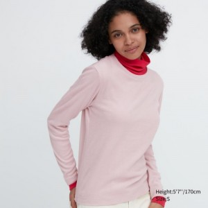 Camiseta Uniqlo HEATTECH Fleece Crew Neck Long-Sleeve Mujer Rosas | 6189671