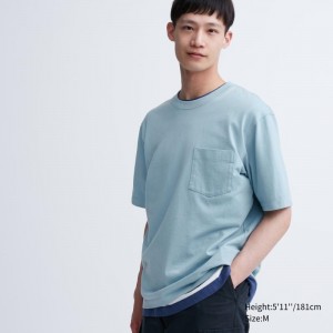Camiseta Uniqlo Oversized Pocket Crew Neck Half-sleeve Hombre Azules | 9504070