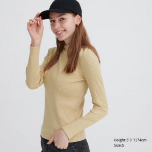 Camiseta Uniqlo Ribbed High Neck Long-Sleeve Mujer Beige | 4518226