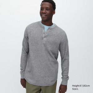 Camiseta Uniqlo Waffle Long-sleeve Henley Hombre Gris | 8063849