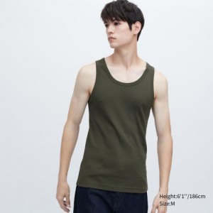 Camiseta sin Manga Uniqlo Dry Color Ribbed Mujer Verde Oliva | 6044552