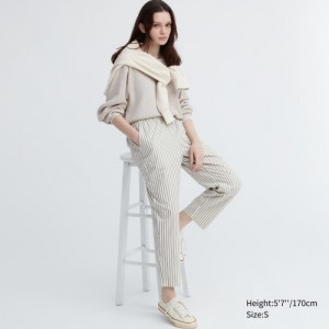 Pantalon Uniqlo Cotton Striped Relaxed Ankle Mujer Blancas | 5529419