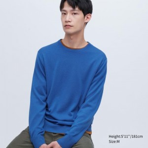 Suéteres Uniqlo Extra Fine Merino Crew Neck Hombre Azules | 5831123