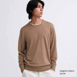 Suéteres Uniqlo Extra Fine Merino Crew Neck Long-Sleeve Mujer Beige | 9958402