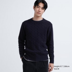 Suéteres Uniqlo Souffle Yarn Cable Crew Neck Long-Sleeve Mujer Azul Marino | 7788585