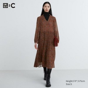 Vestido Uniqlo Chiffon Pleated Long-Sleeve Mujer Marrones | 8345507
