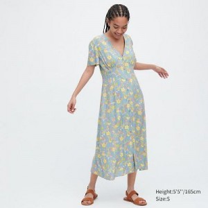 Vestido Uniqlo Printed V-Neck Short-Sleeve Flare Mujer Azules | 8556290