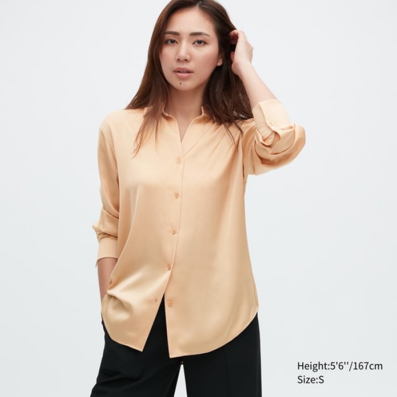 Blusa Uniqlo Satin Long-Sleeve Mujer Beige | 4343300