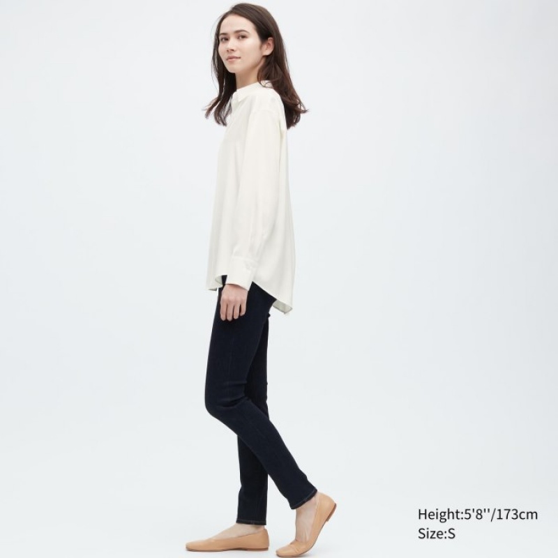 Blusa Uniqlo Satin Long-Sleeve Mujer Blancas | 5444038