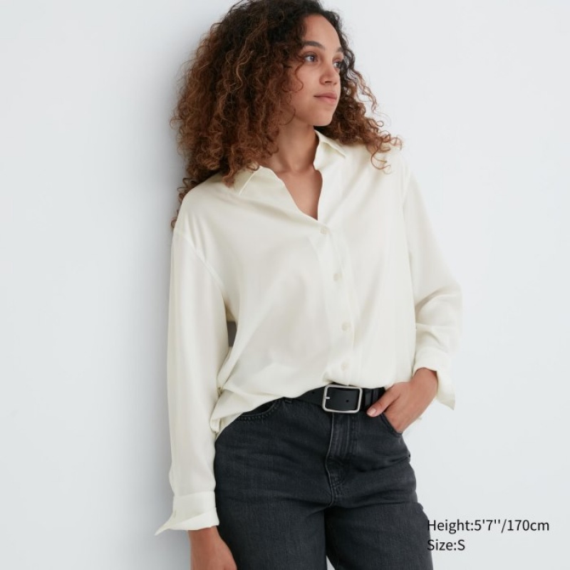 Blusa Uniqlo Satin Long-Sleeve Mujer Blancas | 5444038