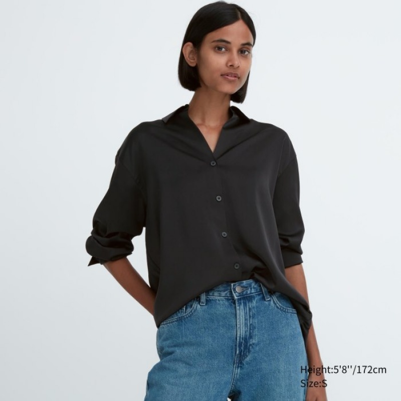Blusa Uniqlo Satin Long-Sleeve Mujer Negras | 9515410