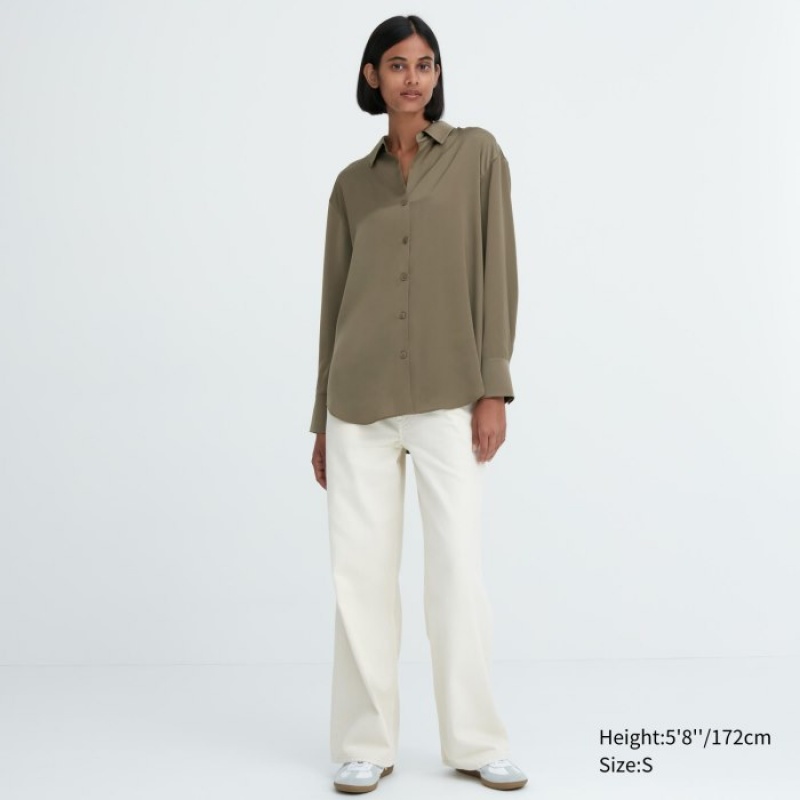 Blusa Uniqlo Satin Long-Sleeve Mujer Verde Oliva | 3009253