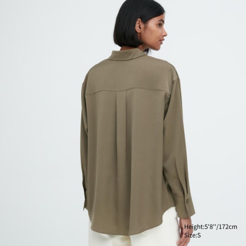 Blusa Uniqlo Satin Long-Sleeve Mujer Verde Oliva | 3009253
