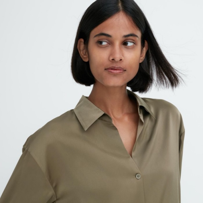 Blusa Uniqlo Satin Long-Sleeve Mujer Verde Oliva | 3009253
