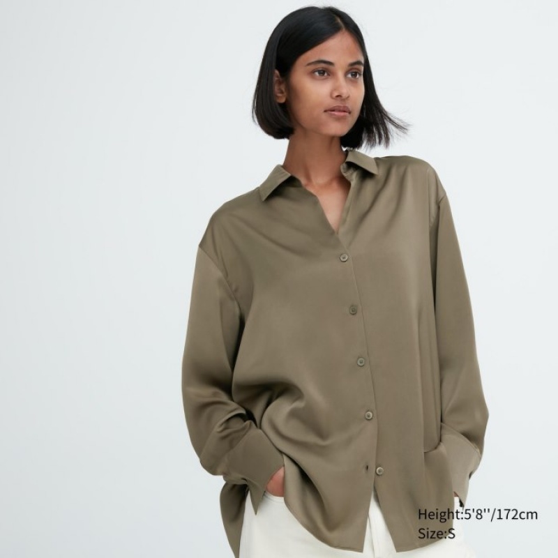 Blusa Uniqlo Satin Long-Sleeve Mujer Verde Oliva | 3009253