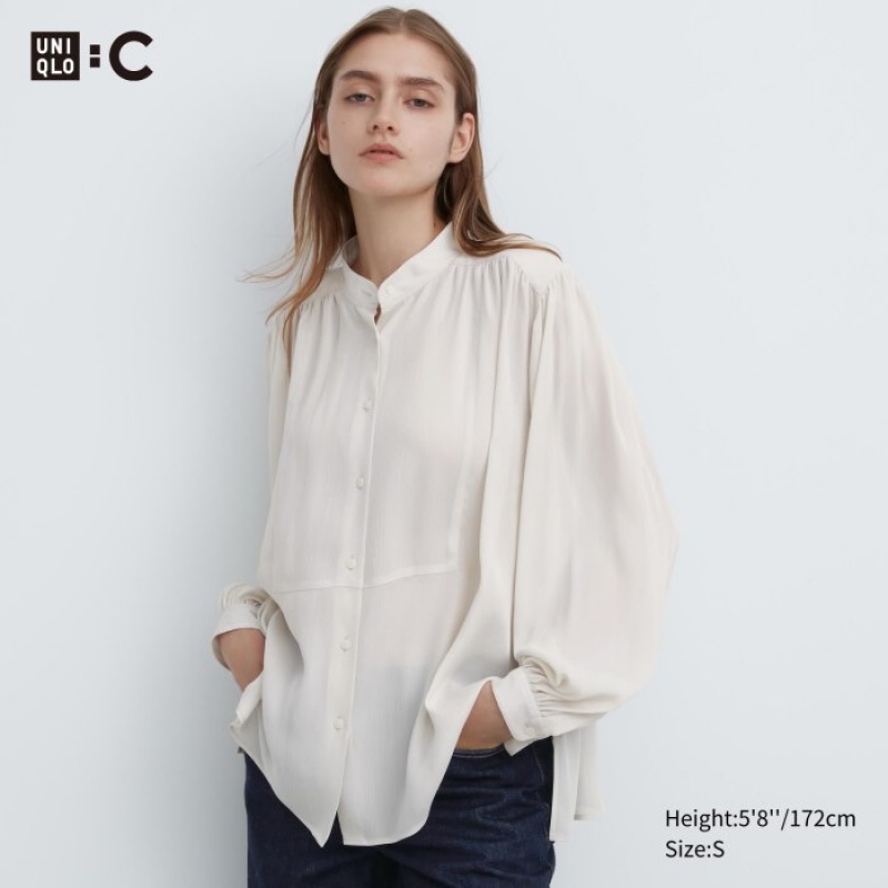 Blusa Uniqlo Volume Long-Sleeve Mujer Blancas | 2266428