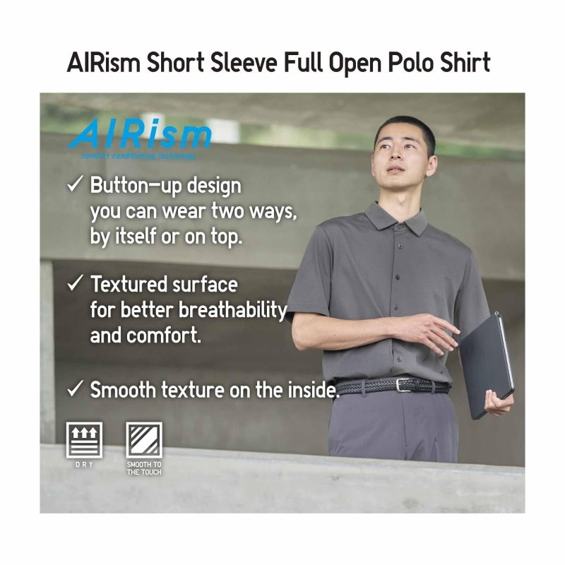 Camisa Polo Uniqlo Airism Full Open Short-sleeve Hombre Negras | 8114062