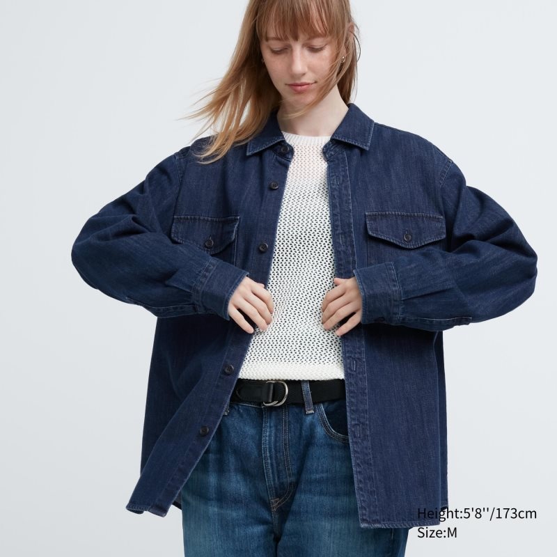 Camisas Uniqlo Denim Utility Long-sleeve Overshirt Hombre Azules | 858987