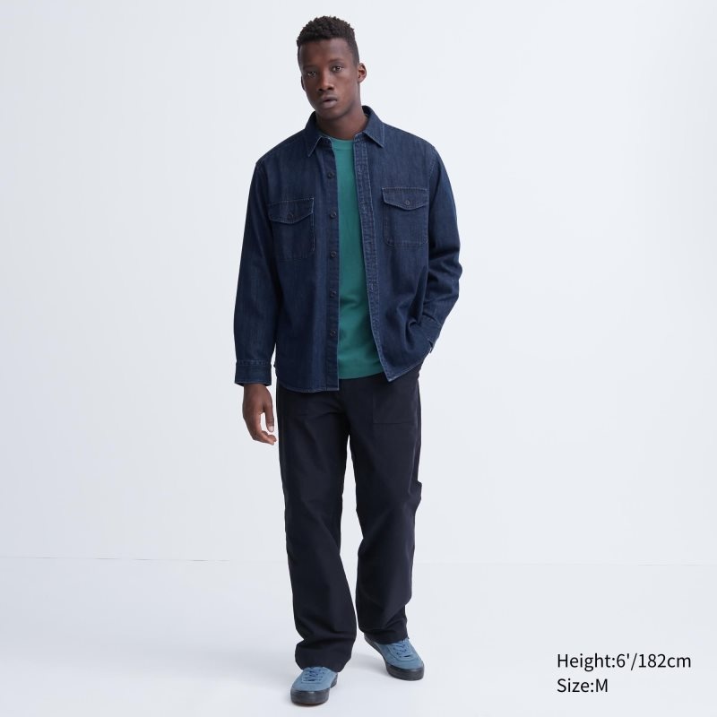 Camisas Uniqlo Denim Utility Long-sleeve Overshirt Hombre Azules | 858987