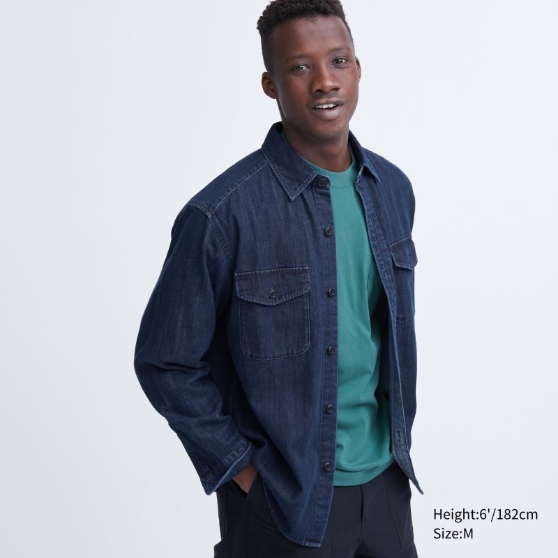 Camisas Uniqlo Denim Utility Long-sleeve Overshirt Hombre Azules | 858987