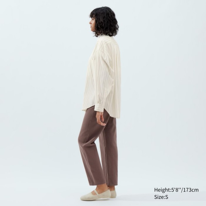 Camisas Uniqlo Draped Striped Long-Sleeve Mujer Blancas | 3350482