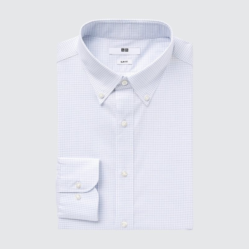 Camisas Uniqlo Easy Care Checked Stretch Slim-fit Long-sleeve Hombre Azules | 2886507
