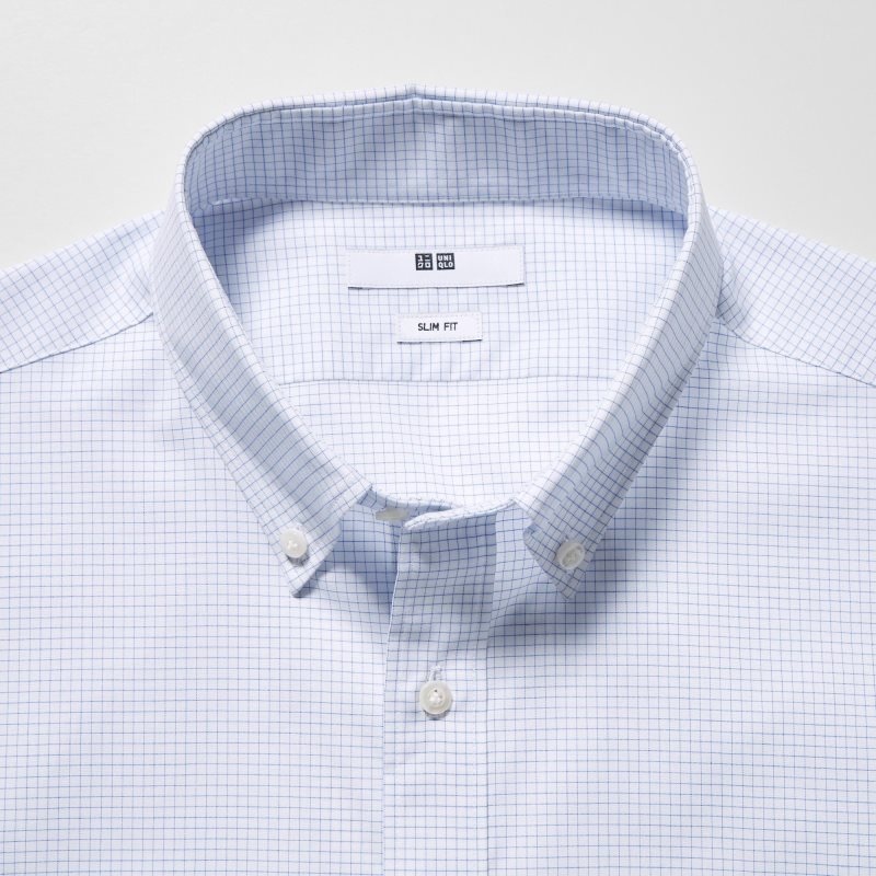 Camisas Uniqlo Easy Care Checked Stretch Slim-fit Long-sleeve Hombre Azules | 2886507