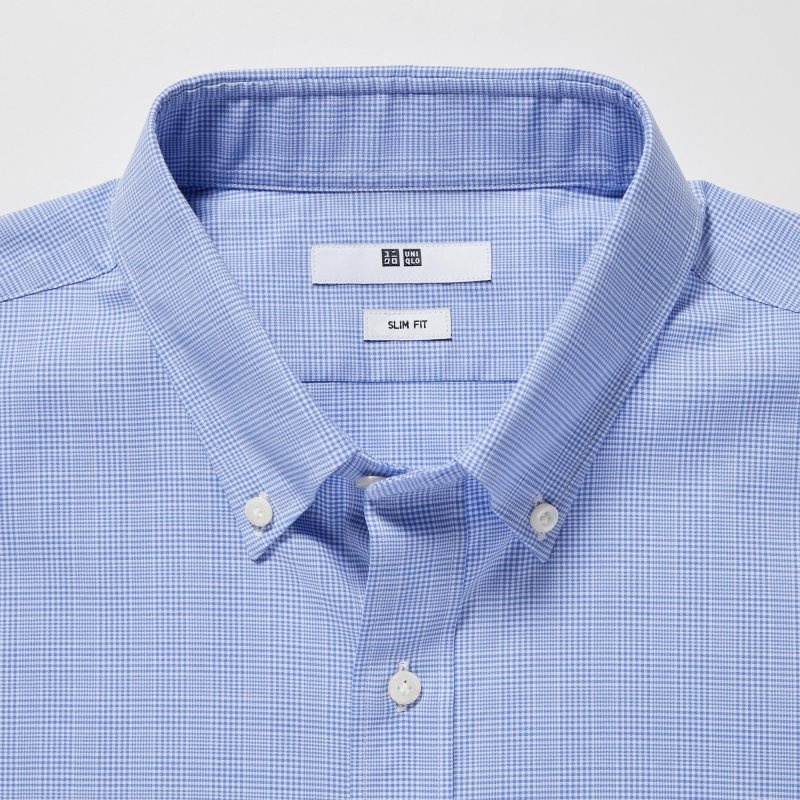 Camisas Uniqlo Easy Care Checked Stretch Slim-fit Long-sleeve Hombre Azules | 8457235