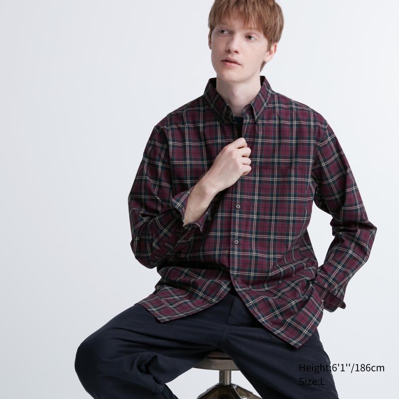 Camisas Uniqlo Extra Fine Cotton Broadcloth Checked Long-sleeve Hombre Burdeos | 9310063