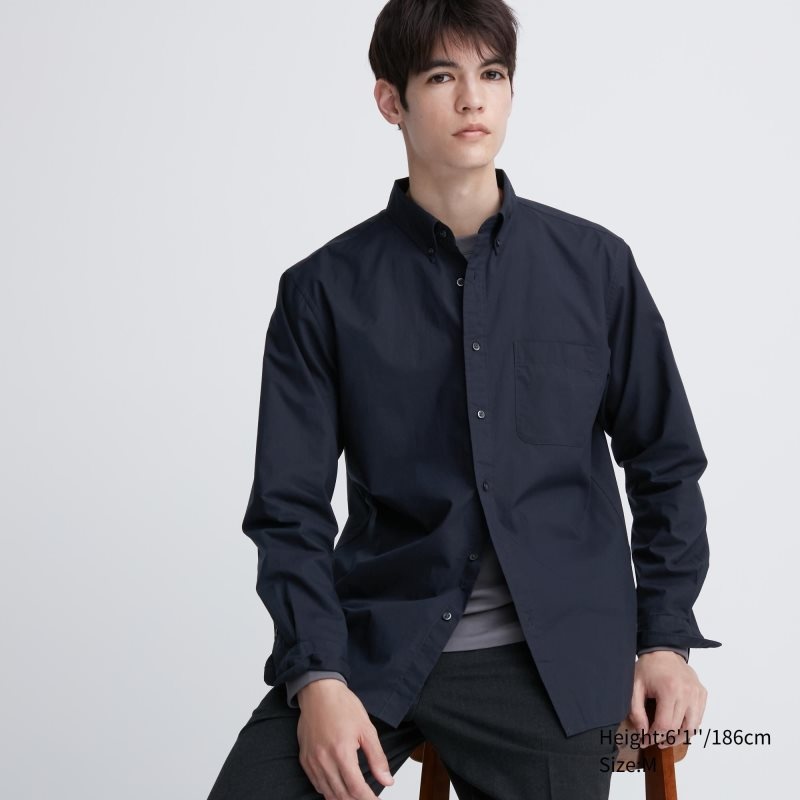 Camisas Uniqlo Extra Fine Cotton Broadcloth Long-sleeve Hombre Azul Marino | 2057595