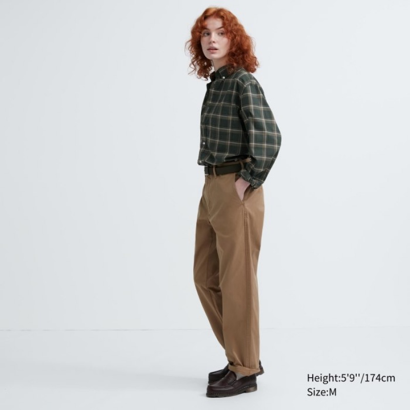 Camisas Uniqlo Extra Fine Cotton Broadcloth Checked Casual Mujer Verde Oliva | 5007199