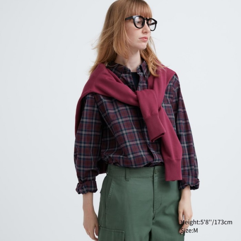 Camisas Uniqlo Extra Fine Cotton Broadcloth Checked Casual Mujer Burdeos | 4946191
