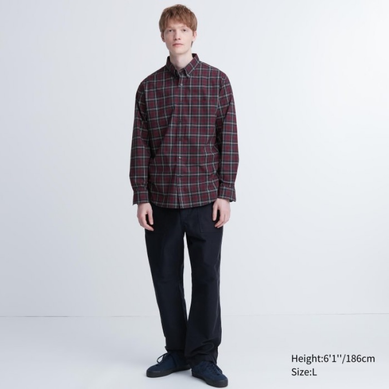 Camisas Uniqlo Extra Fine Cotton Broadcloth Checked Casual Mujer Burdeos | 4946191