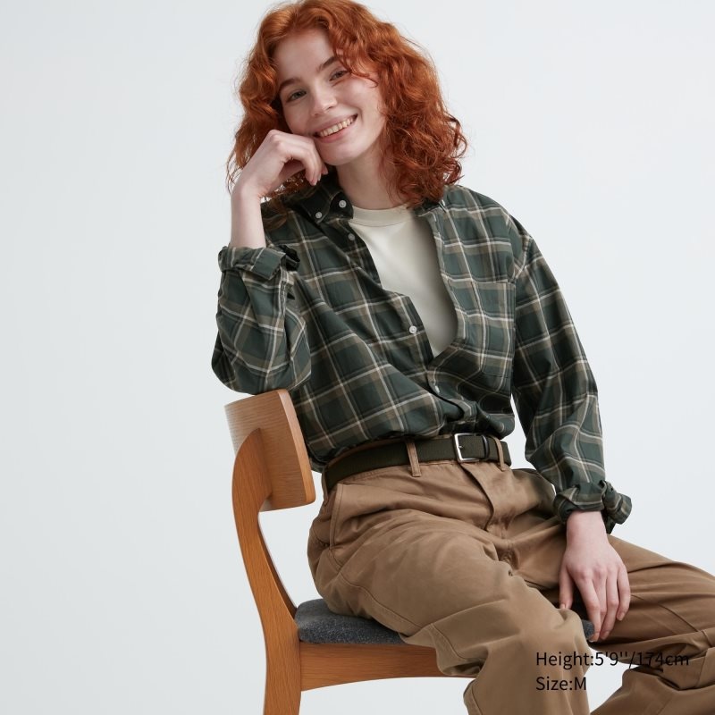 Camisas Uniqlo Extra Fine Cotton Broadcloth Checked Long-sleeve Hombre Verde Oliva | 6669856