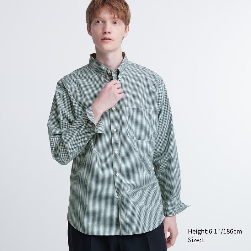 Camisas Uniqlo Extra Fine Cotton Broadcloth Checked Long-sleeve Hombre Verde | 8833584