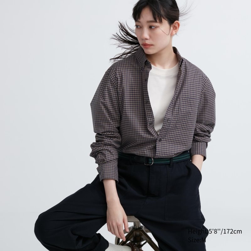 Camisas Uniqlo Extra Fine Cotton Broadcloth Checked Long-sleeve Hombre Marrones | 5946019