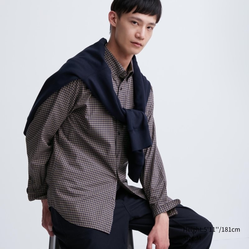 Camisas Uniqlo Extra Fine Cotton Broadcloth Checked Long-sleeve Hombre Marrones | 5946019
