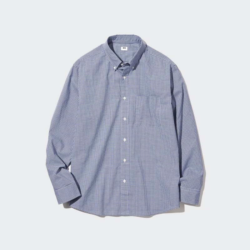 Camisas Uniqlo Extra Fine Cotton Broadcloth Checkered Long-sleeve Hombre Azules | 9401638