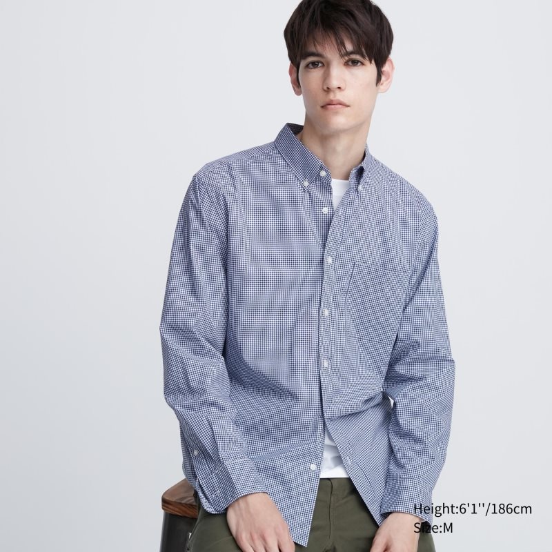 Camisas Uniqlo Extra Fine Cotton Broadcloth Checkered Long-sleeve Hombre Azules | 9401638