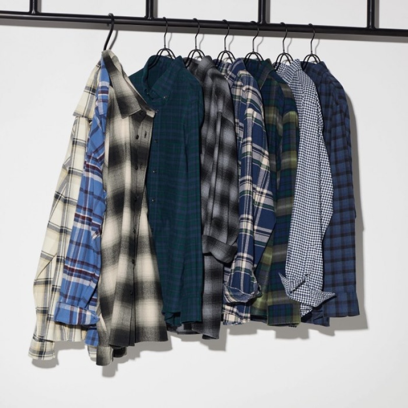 Camisas Uniqlo Flannel Checked Casual Mujer Azules | 9867053