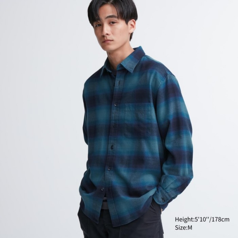 Camisas Uniqlo Flannel Checked Casual Mujer Azules | 9867053