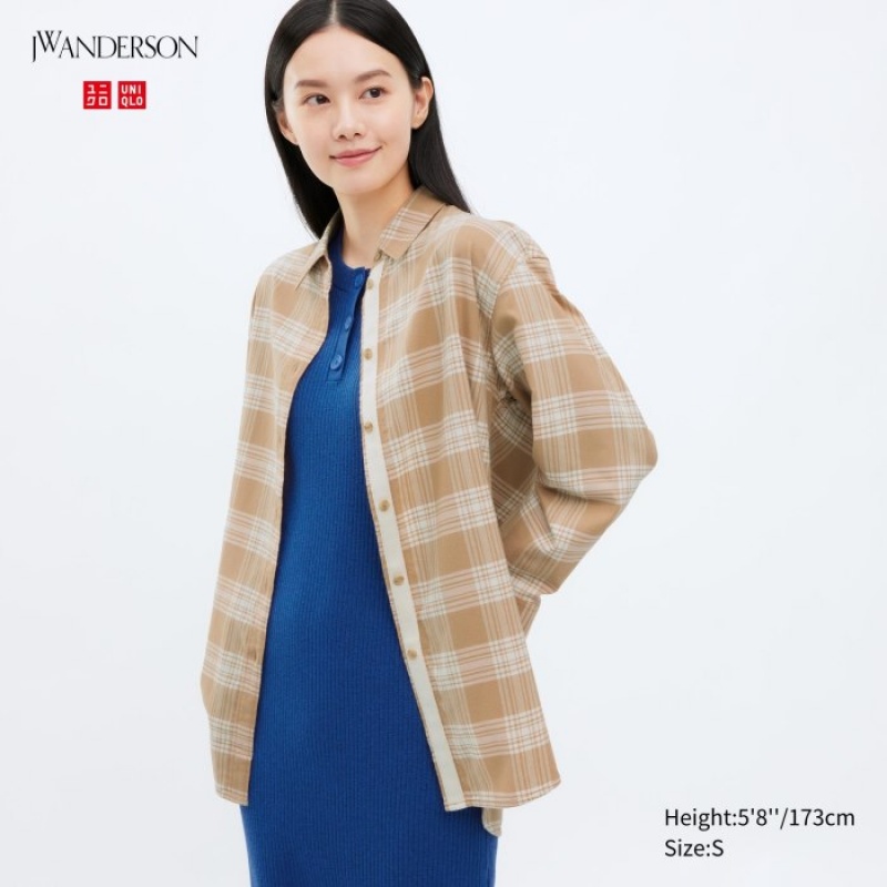 Camisas Uniqlo Flannel Checked Long-Sleeve Long Mujer Beige | 3749833