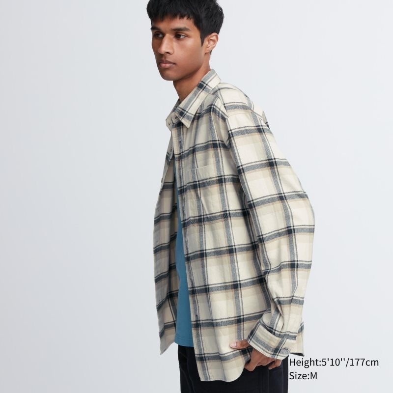 Camisas Uniqlo Flannel Checked Long-sleeve Hombre Beige | 6082488