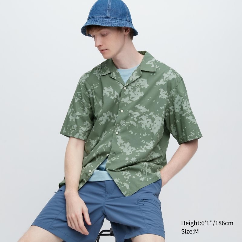 Camisas Uniqlo Open Collar Short-sleeve Hombre Verde | 2235078