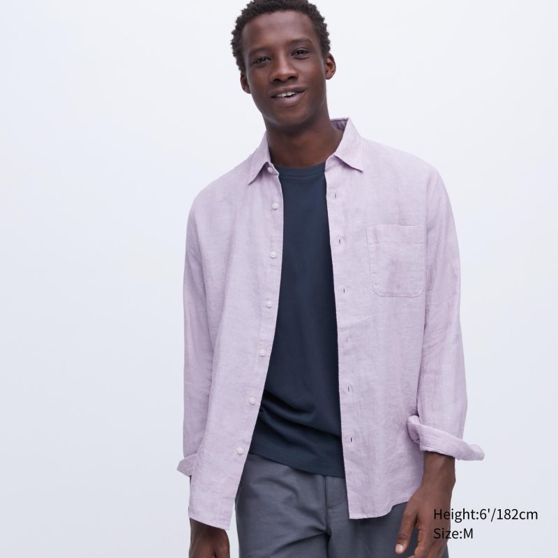 Camisas Uniqlo Premium Linen Long-sleeve Hombre Rosas | 5221865