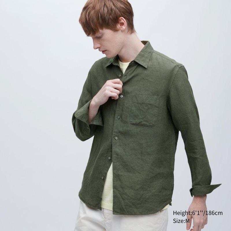 Camisas Uniqlo Premium Linen Long-sleeve Hombre Verde Oliva | 6894578